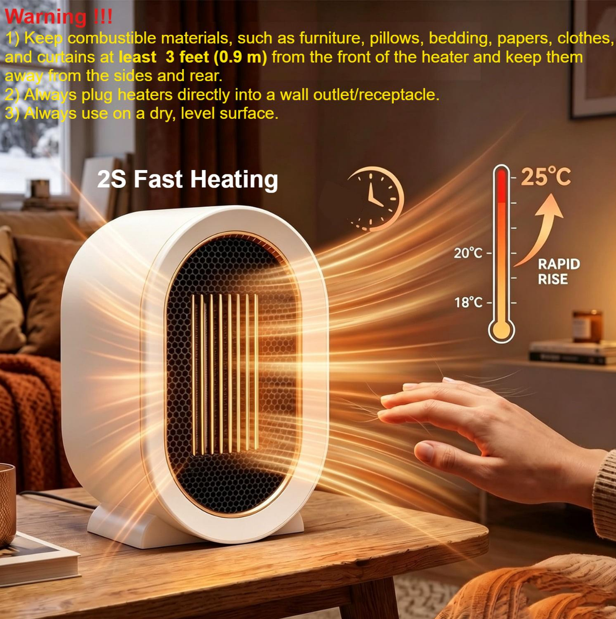 Space Heater, 1200W Electric Heaters Indoor Portable with Thermostat PTC Fast Heating Ceramic Room Small Heater with Heating and Fan Modes for Bedroom, Office and Indoor Desktop Use